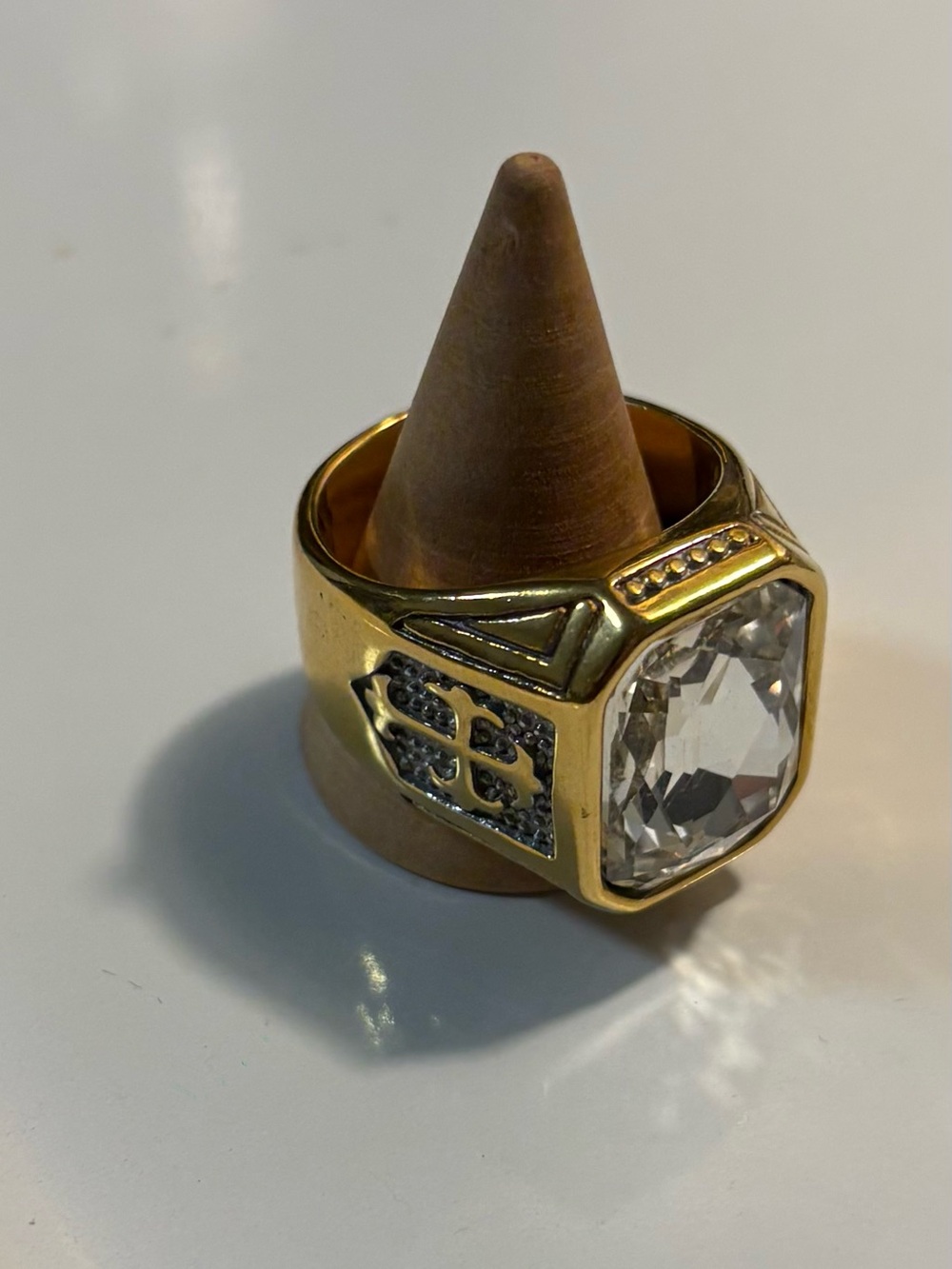 Gold-Tone Statement Ring with Large Clear Stone
